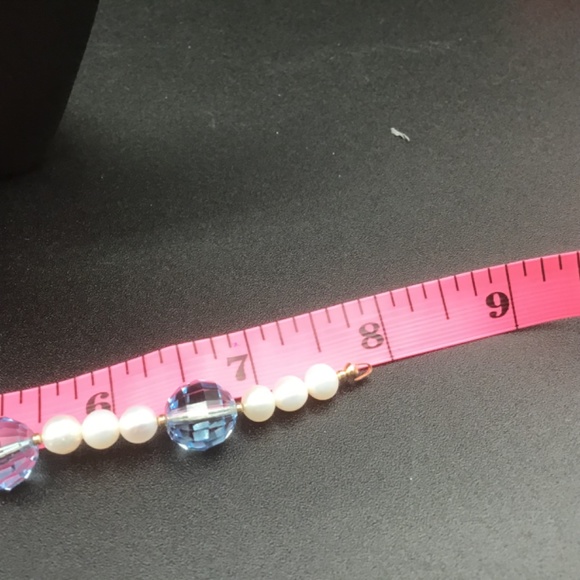 White Pearls Blue Crystals 14k lobster clasp & Spacers 7 3/4” Long Bracelet - Picture 6 of 6